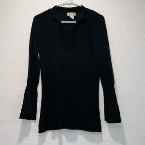 Worthington black long bell sleeve collared blouse top for women